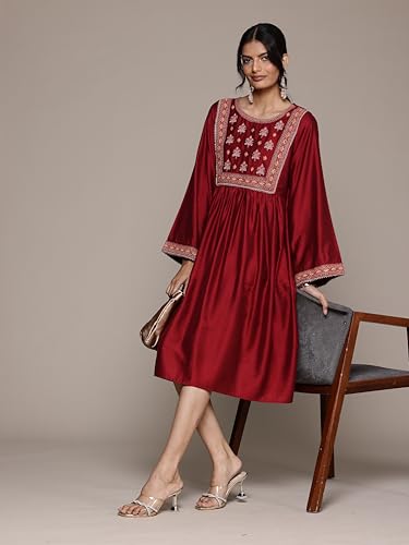 Aarke Ritu Kumar Round Neck Full Sleeve Solid with Embroidery Dress Red