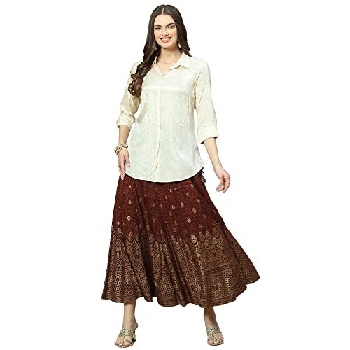 BIBA Women Printed Flared Mix and Match Knee Length Skirt(Skirts/T18800_Brown_XL)