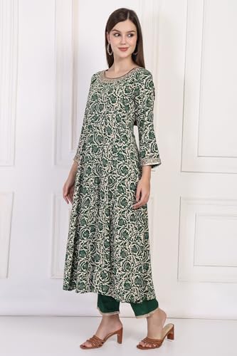 W for Woman Green Printed Block Print Embellished Anarkali Kurta with Straight Pant and Dupatta Set (WS13177-126083-L)