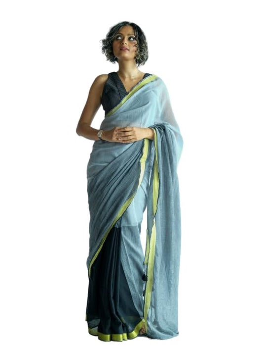 Suta Grey Charcoal Colorblock Cotton Saree