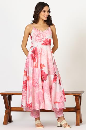 W for Woman White Digital Floral Printed Sleeveless Flared Kurta, Pants and Dupatta Set (Size: L)-24AUWS12583-123704