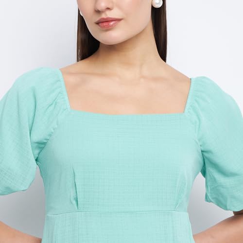 Madame Off-Shoulder Sea Green Chequered Dress