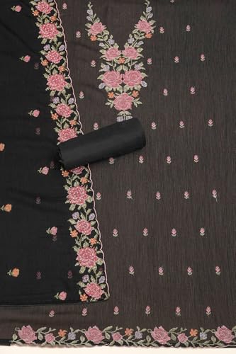 Soch Womens Black Crinkle Chiffon Floral Print Unstitch Dress Material With Stone Work