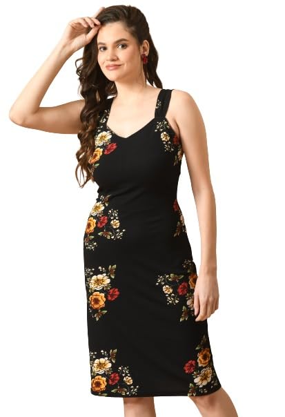 IUGA Women Bodycon Flowre Printed Midi Length Dress Black