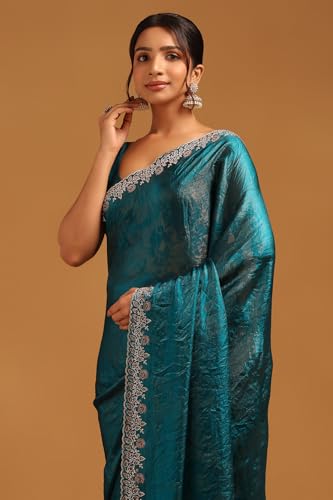 Soch Womens Blue Organza Saree With Stone Work
