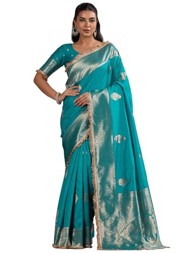 AKHILAM Women's Light Blue Satin Silk Ethnic Printed Saree With Unstitched Blouse Piece(KRNIVLWED002_RJ)