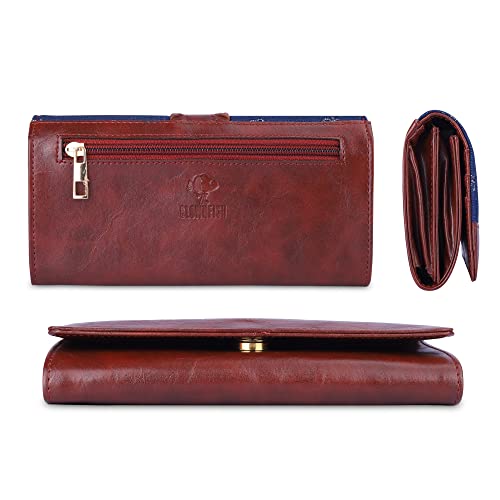 The Clownfish Serina Collection Tapestry Fabric & Faux Leather Snap Flap Style Womens Wallet Clutch Ladies Purse with Card Holders (Blue-Spade Design)