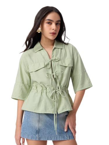 The Souled Store Tie-Up Shirt: Women and Girls Elbow Length Collared Moss Green Solid Viscose Nylon Blend Oversized Fit Lightweight Casual Streetwear Shirt