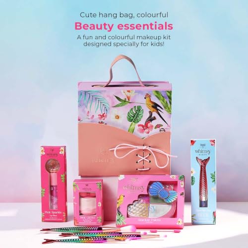 Whimsy Beauty Pretty Hang Bag Beauty Kit | Non-Toxic Beauty Set for Kids & Pre-Teens |Lip Gloss, Lip Tint, Eyeliner, Eyeshadow Palette, Mermaid Brushes & Puff Blender |Vegan & Cruelty-Free (Pack of 9)