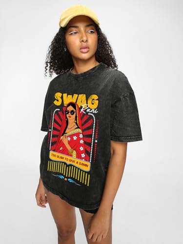 Bewakoof Women's Graphic Printed Oversized Fit Half Sleeve Round Neck Cotton T-Shirt_663621_Black_3XL