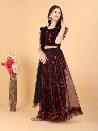 Xavima Niharika Maroon Girls Super Net Readymade Lehenga Choli Set With Dupatta Skirt Blouse Dress Outfit For Kids Event Stage Celebration School Gathering Public Program_3-4 Years