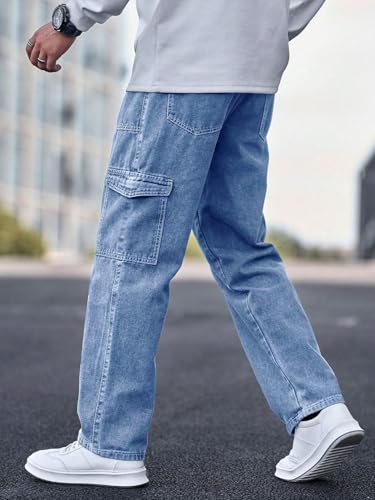 KOTTY Men's Solid Loose Fit Street Style Utility Wear Baggy Cargo Jeans(Blue,32)