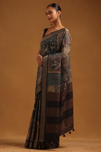 Soch Womens Blue Tussar Botanical Saree