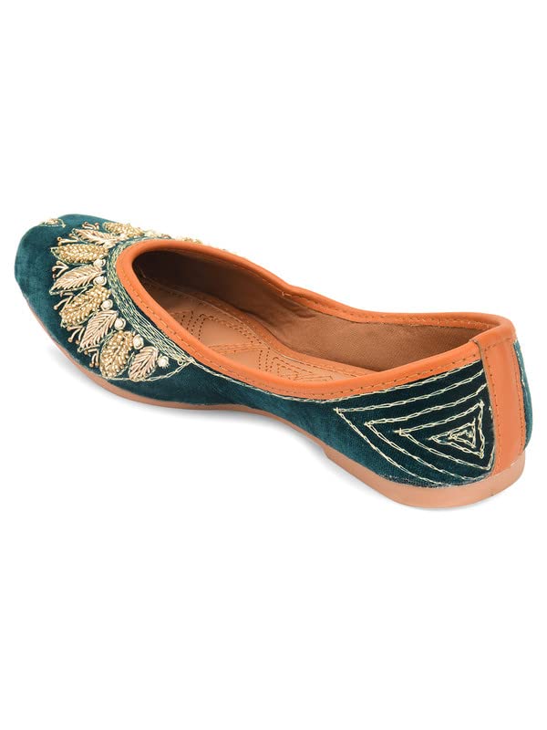 DESI COLOUR Mojari Punjabi Jutti for Women Ethnic Footwear- Velvet Hand Embroidered (Green, Numeric_8)