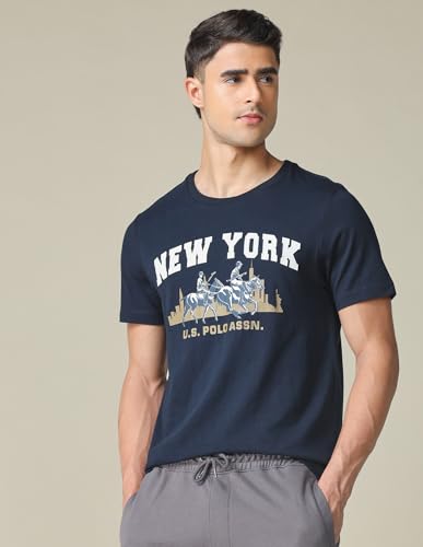 U.S. POLO ASSN. Denim Co. Men's Pure Cotton Graphic Printed T-Shirt (UDTSHOE0151_Blue_L)