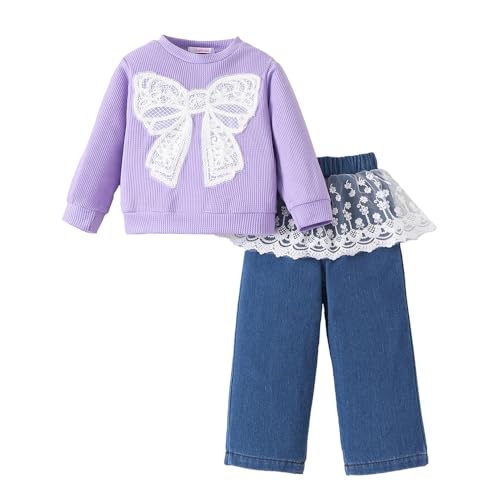 Hopscotch Girls Lavender Full Sleeves 2-Pc Lace Bow Applique Jeans Set For Age (3-4 Years)