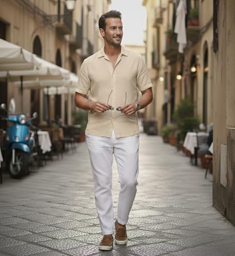 Glowic Men Linen Shirt Casual Regular Fit Solid Stylish Summer Wear Shirt for Office Party Beach Holiday Lightweight Breathable Fashion Shirt (in, Alpha, L, Regular, Cream)