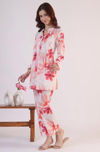 W for Woman White Bold Floral Printed Pure Cotton Tunic and Straight Pants Co-ord Set (Size: S)-WS31237-125407