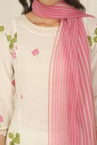 W for Woman White Floral Printed Checker Cotton A-line Kurta, Pants and Dupatta Set (Size: 2XL)-WS12519-125534