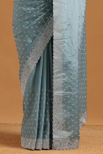 Soch Womens Powder Blue Satin Embellished Zari Woven Swarovski Stone Saree