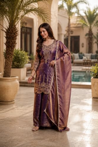 Women's Embroidered Silk Blend Kurta Set With Dupatta And Palazzo