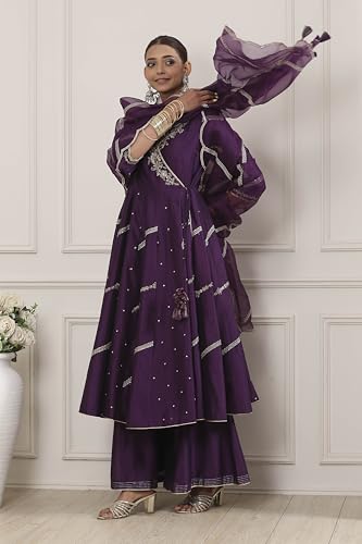 Biba Women Purple Chanderi Silk Anarkali Suit Set_36
