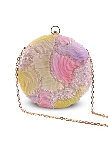 THE TAN CLAN Tide Pink floral embroidered clutch purse women stylish for bridal handbag round designer clutch bag for women wedding party ethnic fancy with metal handle ladies purse