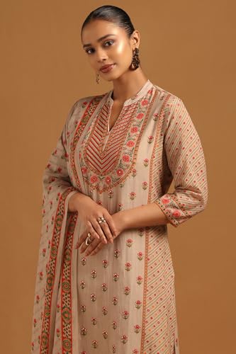 Soch Womens Beige Mul Chanderi Floral Salwar Suit With Hand Embroidery and Bead Details