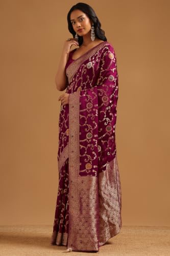 Soch Womens Wine Satin Botanical Zari Woven Saree