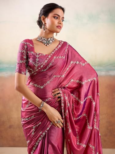 AKHILAM Women's Pink Georgette Embellished Saree With Unstitched Blouse Piece (PARINAY1004_SR)