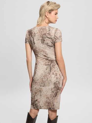 GUESS Women's Beige Printed Round Neck Short Sleeves Bodycon Dress