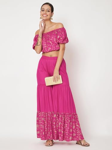 studio rasa Women's Viscose Block Printed Tiered Sharara for Festive Casual Party (BTWC52401XL_Pink_X-Large)