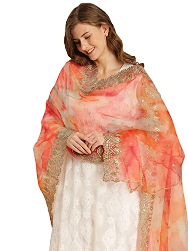 DUPATTA BAZAAR Women's Multicolour Printed Organza Dupatta With Embellished Cutwork Border, free size