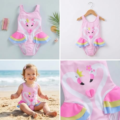 Baby Bucket Baby Girls Swimsuit Sleeveless Swan Print Summer Beach One Piece Swimwear Beachwear 3-4 Yr Pink