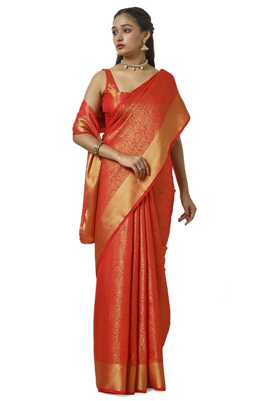 Soch Womens Orange Tussar Zari Woven Saree