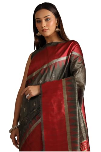 Soch Womens Olive Tussar Woven Design Saree With Zari