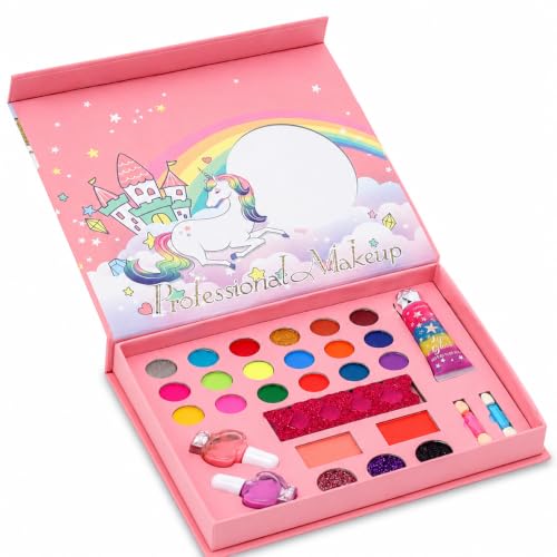 PLUSPOINT Unicorn Kids Makeup Kit for Girls | Pretend Play Beauty Set | Non-Toxic Washable Makeup Toy | Eyeshadow, Blush, Lip Gloss & Accessories | Birthday Gift for Girls Age 5+ Years