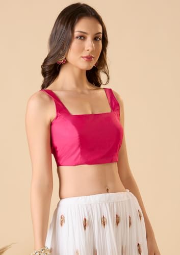 SALWAR STUDIO Pink Taffeta Silk Sqare Neck Sleeveless Readymade Blouse