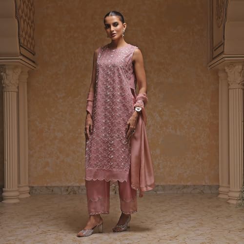 Biba Women's Poly Net Kurta Set (SKDGOGLM30957AW25PCH_Peach