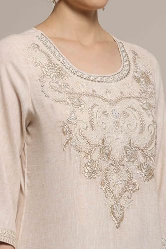 Biba Women Beige Polyester Blend Straight Dyed Suit Set_42