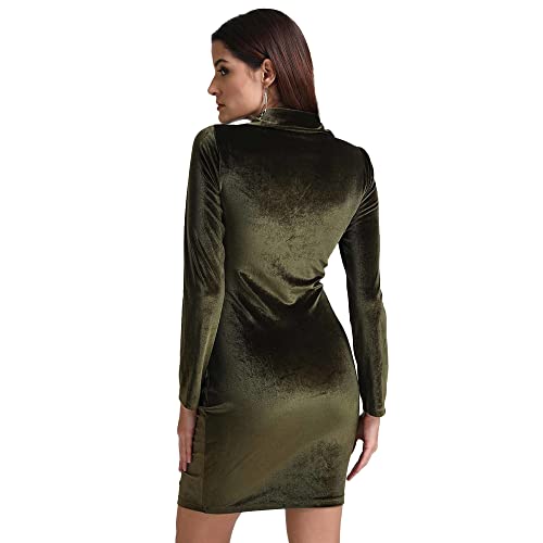 Kazo Embellished Velvet Cowl Neck Womens Mini Dress (Olive, Small)