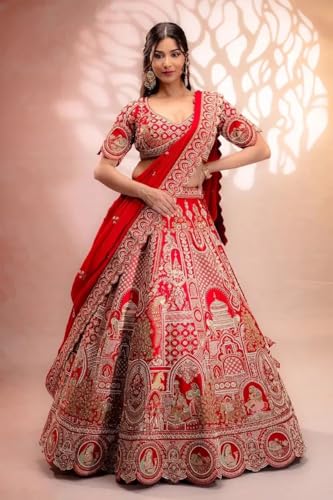 Women's Scarlet Red Silk Designer Lehenga
