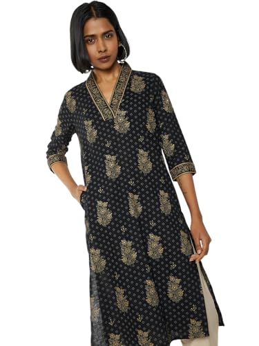 Max Women Printed Straight Kurta (Black_S)