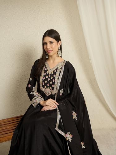 Shampysky Women's Black Chinon Stitched Gown With Dupatta Full Sleeve Embroidered Anarkali Gown (SSY-1230-Black-XXL)