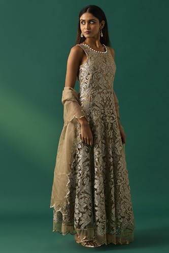 Wishful Women's Beige Embroidered Anarkali Dress with Churidar and Dupatta Set - (SP11508-401099-XL)