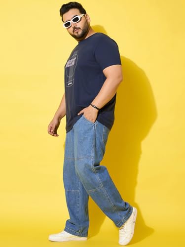 Bigbanana Men Plus Size Printed Navy Round Neck Tshirt (Rhythm,Navy,2XL)
