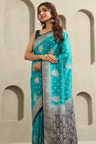 Soch Womens Turquoise Blue Viscose Botanical Zari Woven Saree With Stone Work