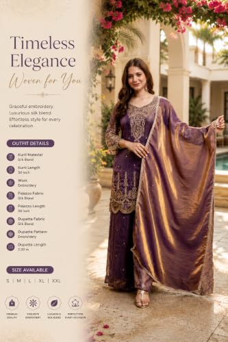 Women's Embroidered Silk Blend Kurta Set With Dupatta And Palazzo
