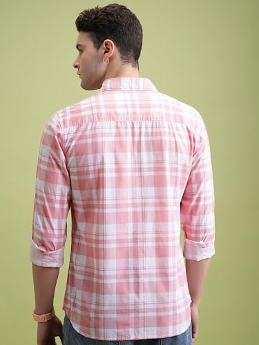 Highlander Men Cotton Slim Fit Shirt (PHSH000014_LT Pink/White L)