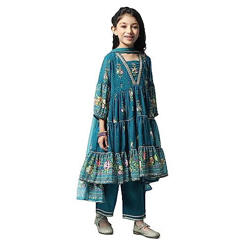 BIBA Girl's Cotton Printed Tired Kurta Kid (Kw5449_Teal_5, Salwar Suit Set)